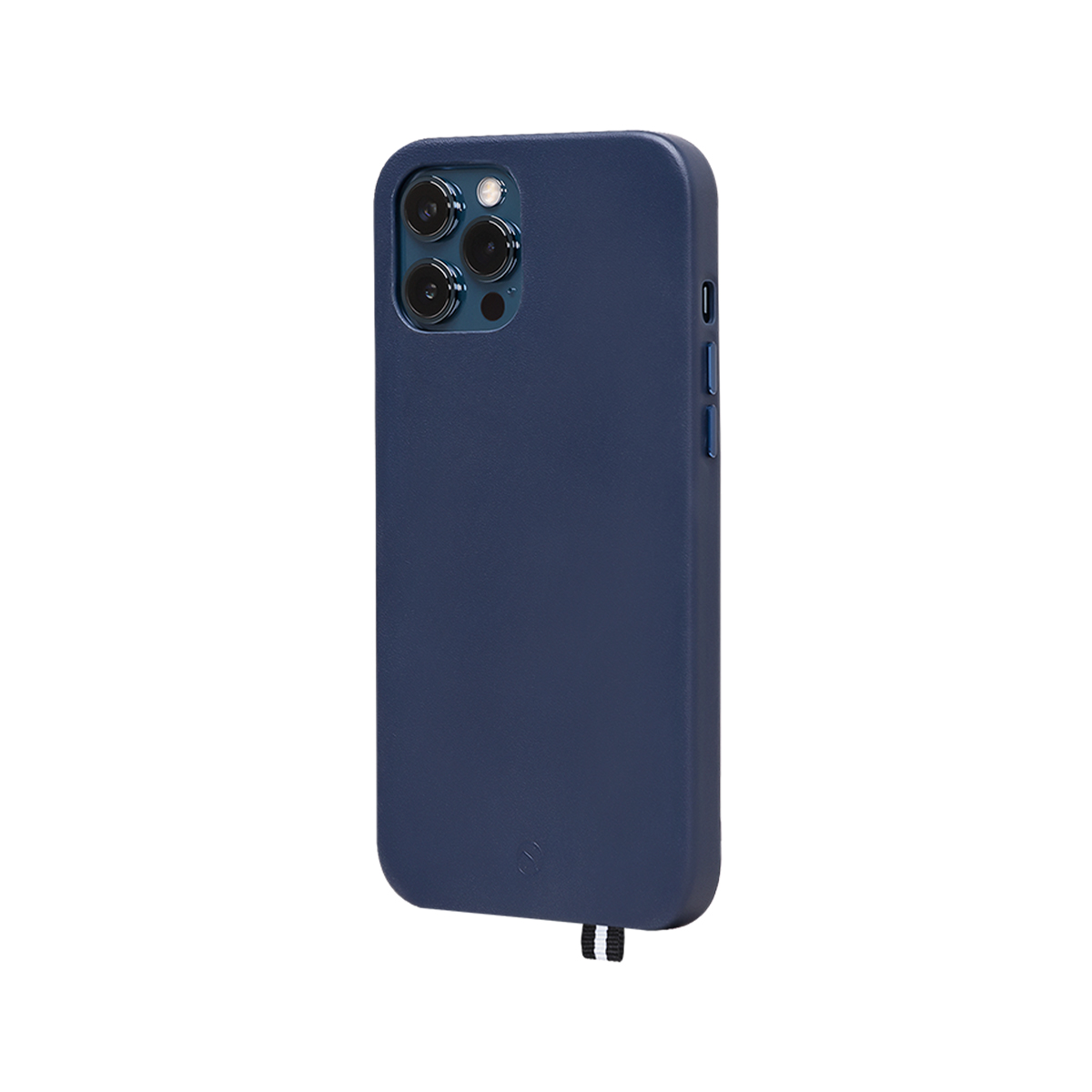 Custodia blu scuro per telefono con tre obiettivi della fotocamera e anello per laccetto.