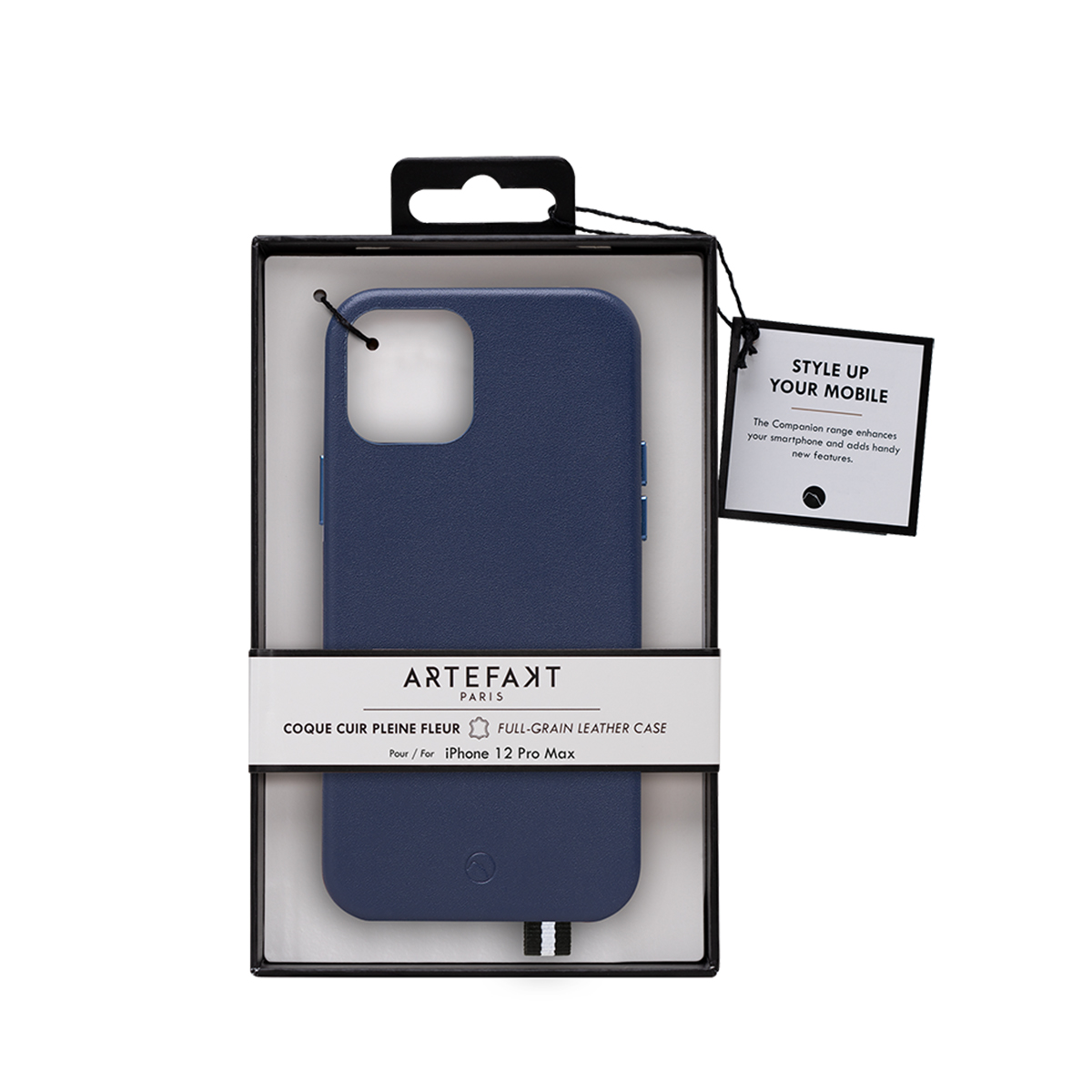 Custodia in pelle blu scuro per iPhone 12 Pro Max in confezione con etichetta.