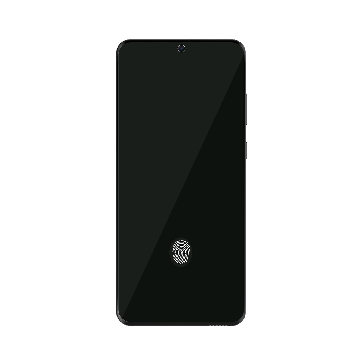 Uno smartphone nero con sensore di impronte digitali sullo schermo.