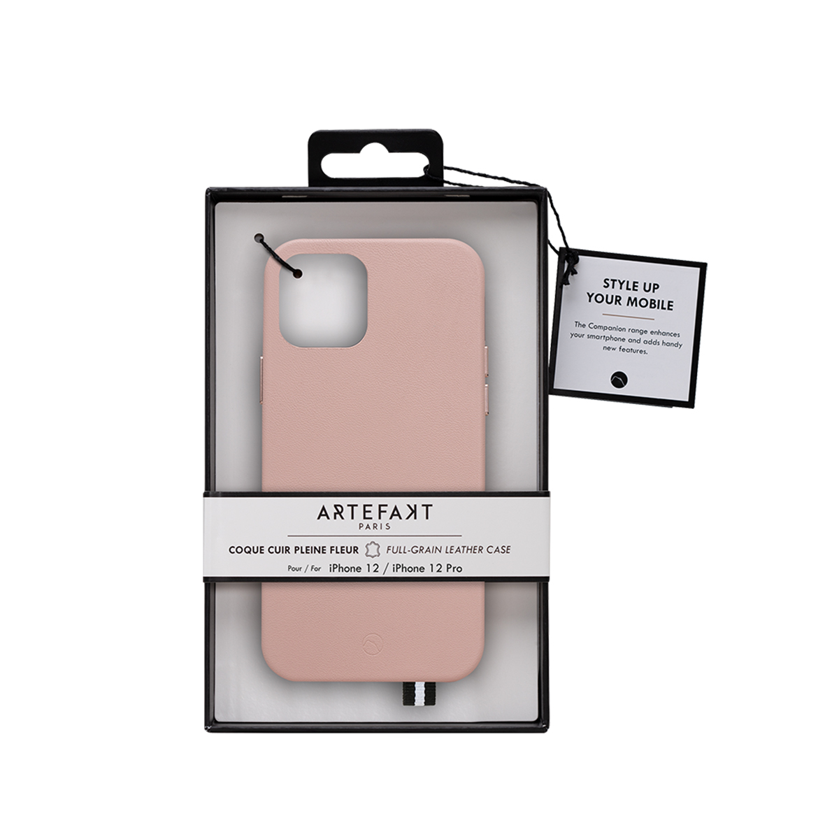 Ein rosafarbener iPhone 12/12 Pro Lederkoffer in Verpackung.