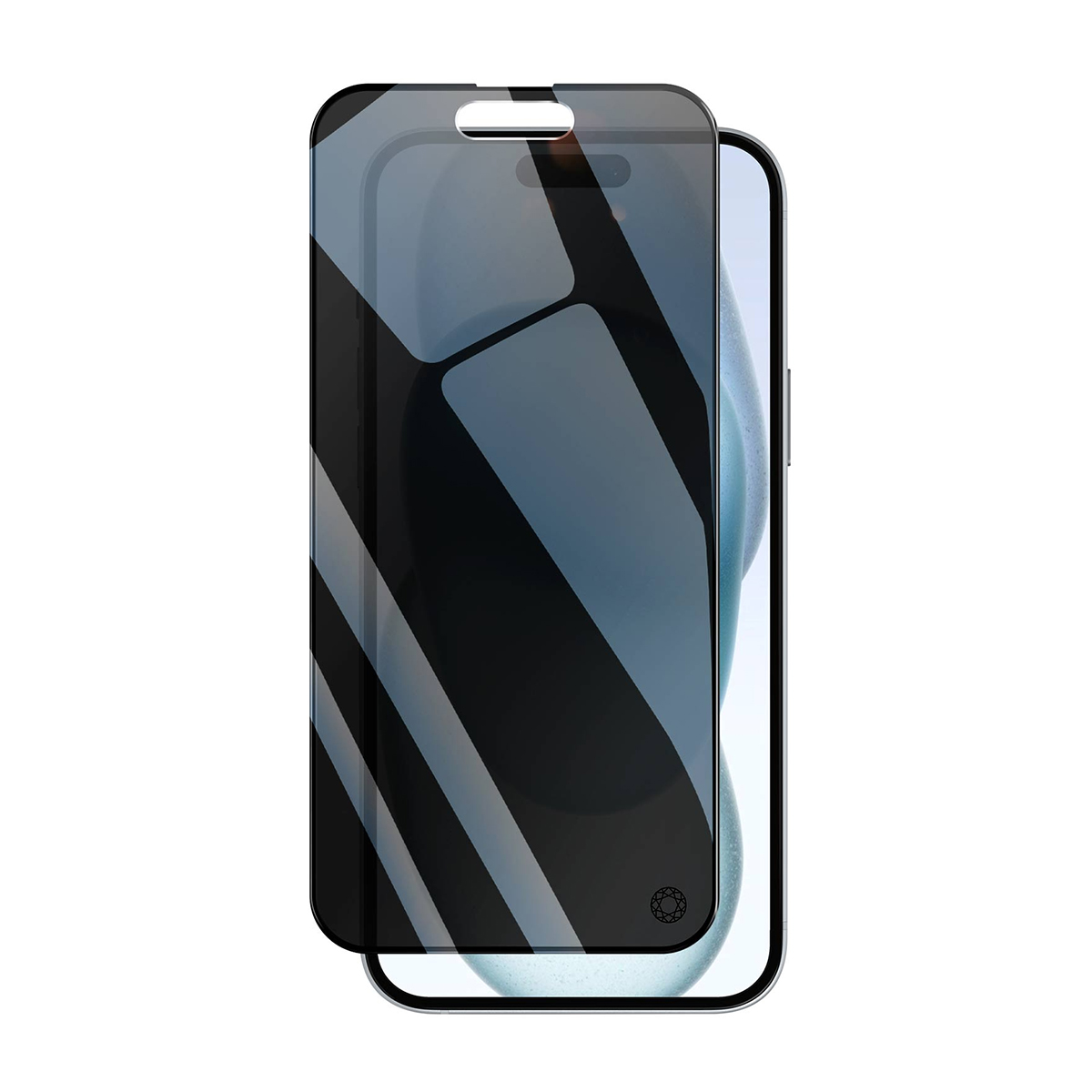 Verre de protection d'écran foncé sur un smartphone avec découpe pour la caméra avant.