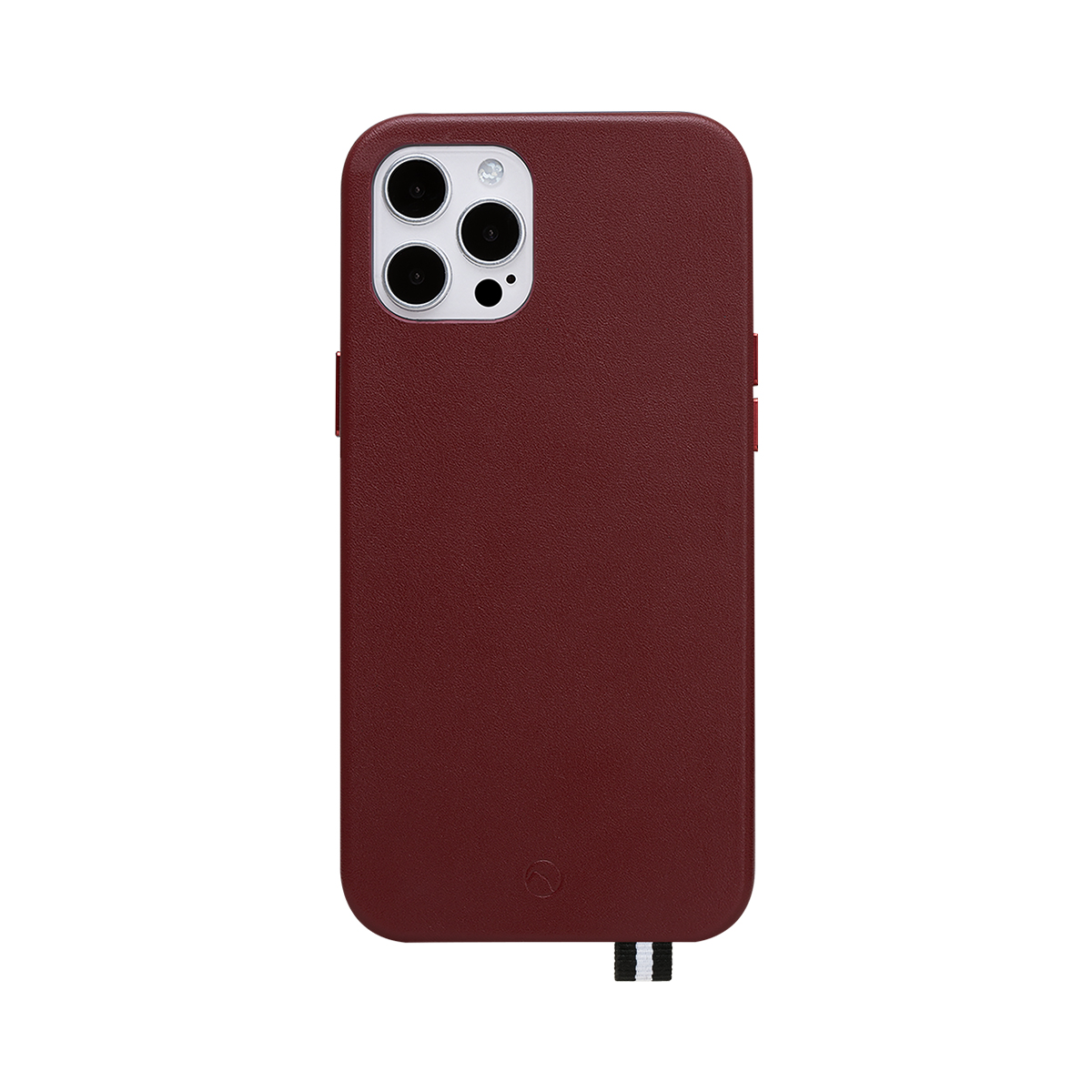 Custodia rossa scura per telefono con modulo fotocamera.