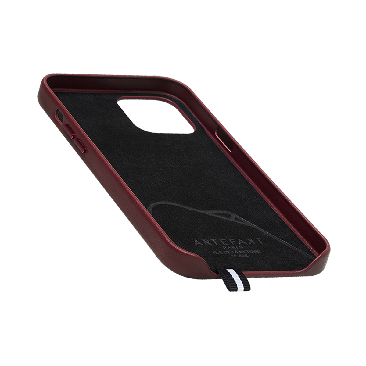 Custodia per telefono in pelle rosso scuro, vista interna con fodera nera.