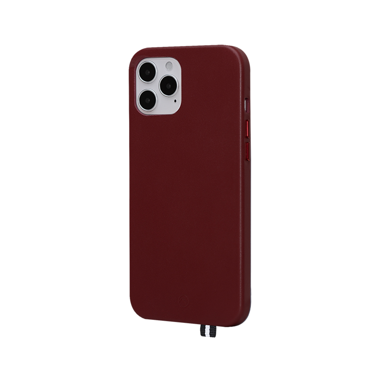 Una cover per telefono rosso scuro con modulo fotocamera sul retro.