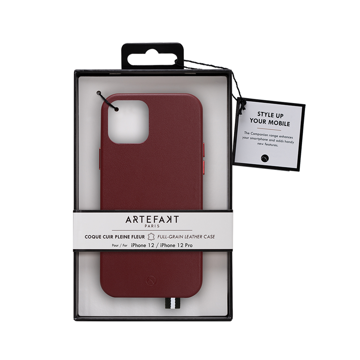 Una custodia in pelle rossa scura per iPhone 12/12 Pro nella confezione.