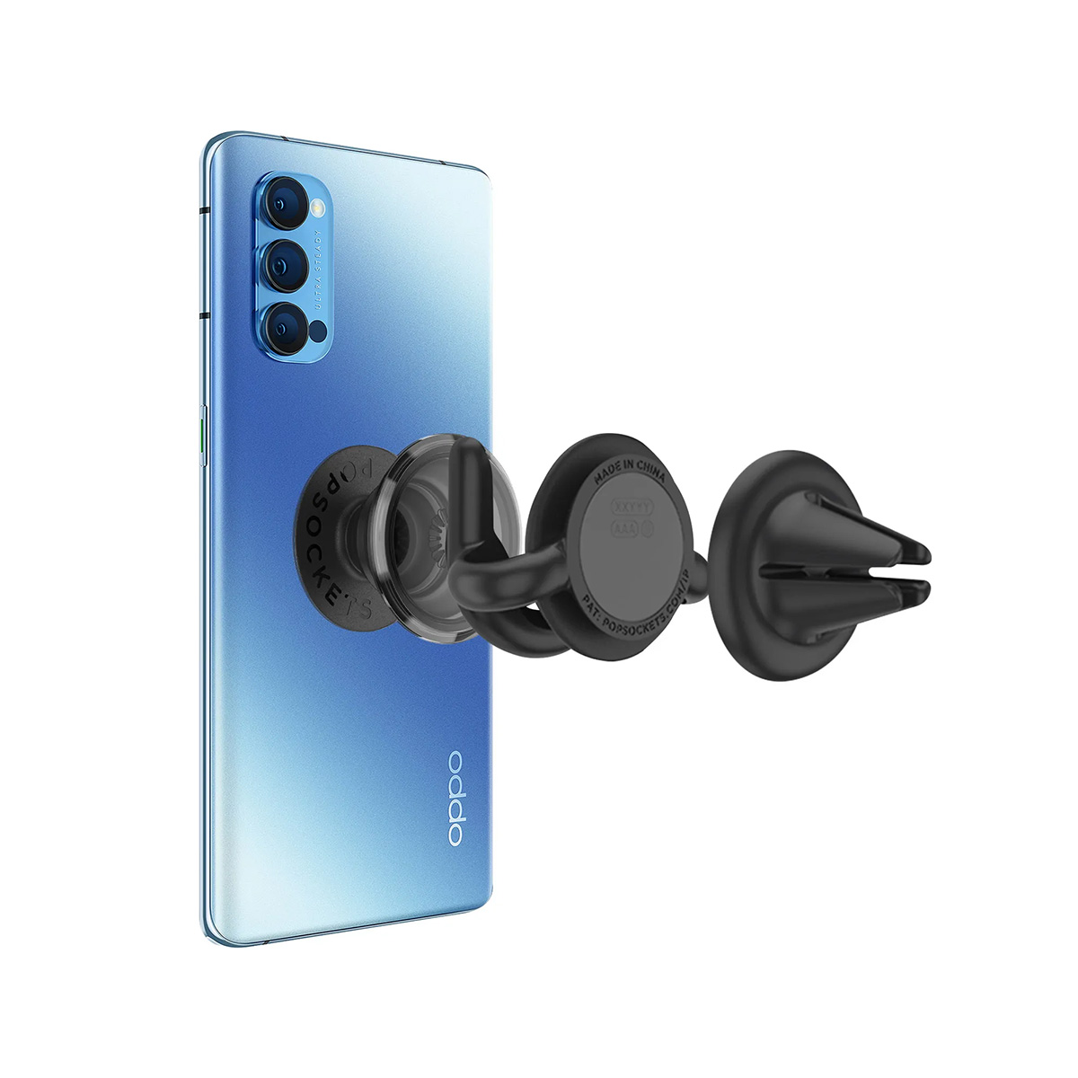 Smartphone blu con supporto auto Popsocket attaccato a una ventola.