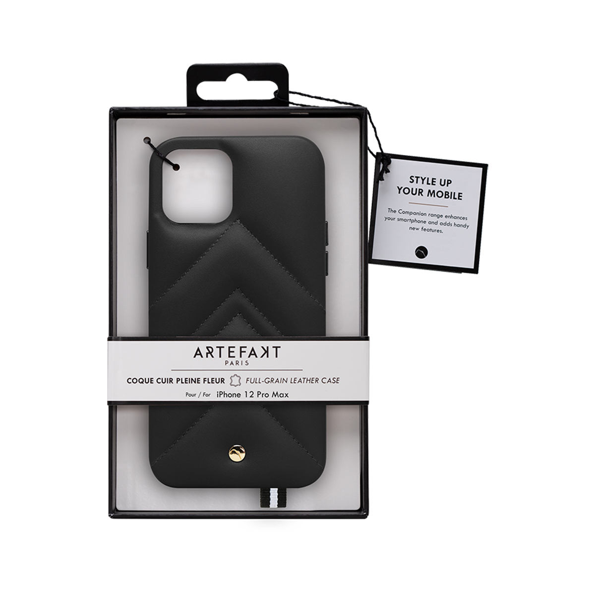 Custodia nera in pelle trapuntata per iPhone 12 Pro Max in confezione.
