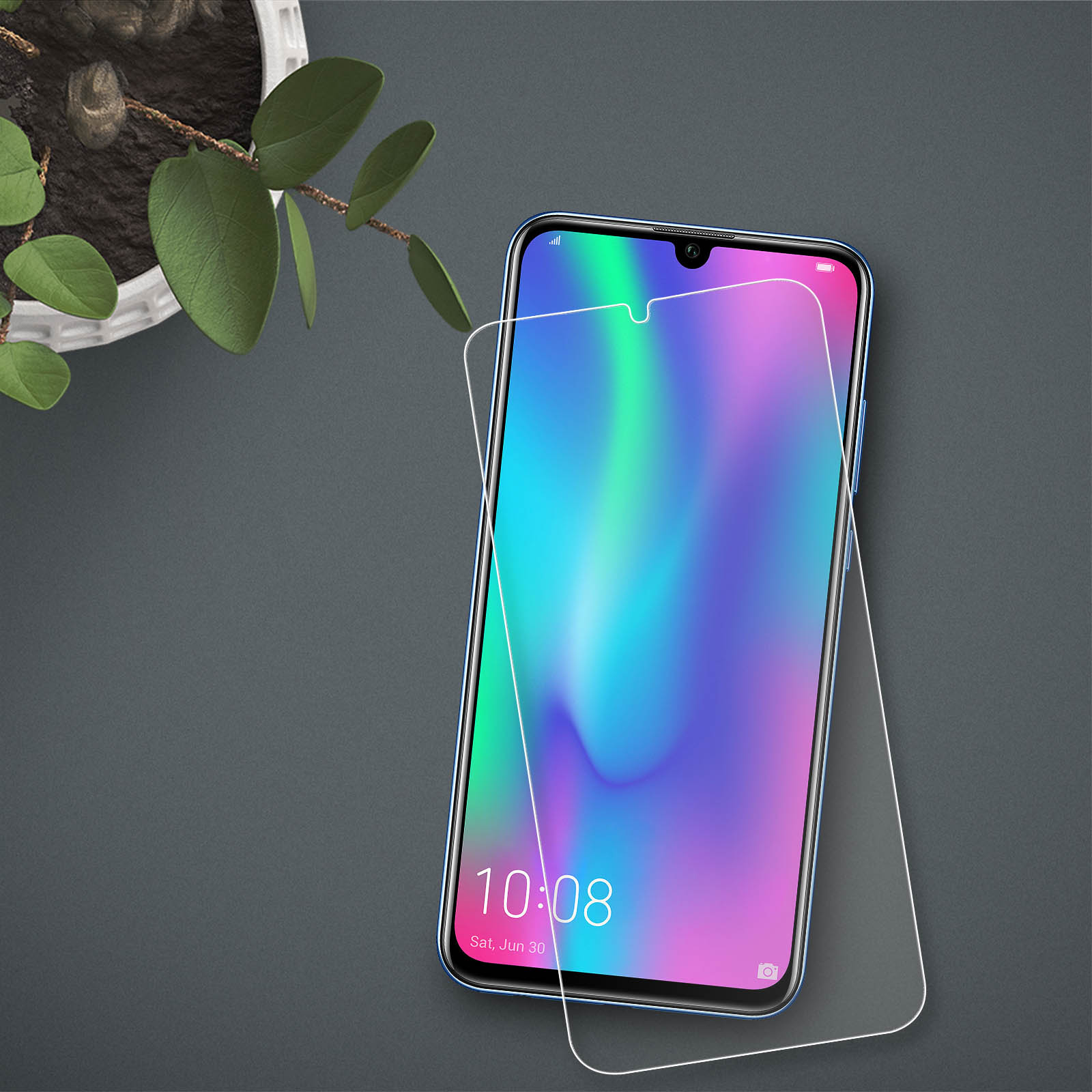 Smartphone con proteggi schermo accanto a pianta in vaso su sfondo scuro.