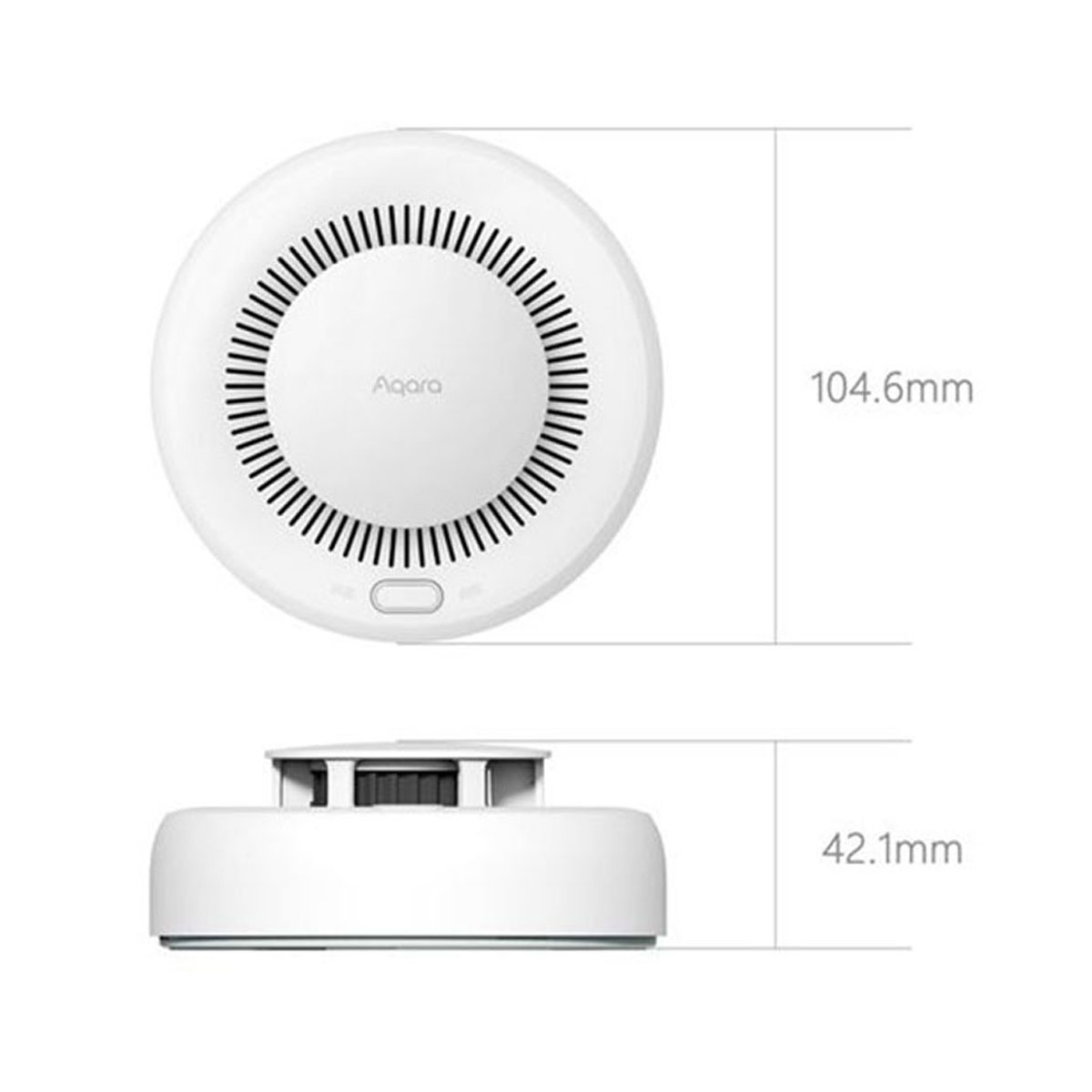 Białe urządzenie Aqara, widok z góry pokazuje otwory wentylacyjne, z dołu wysokość.
