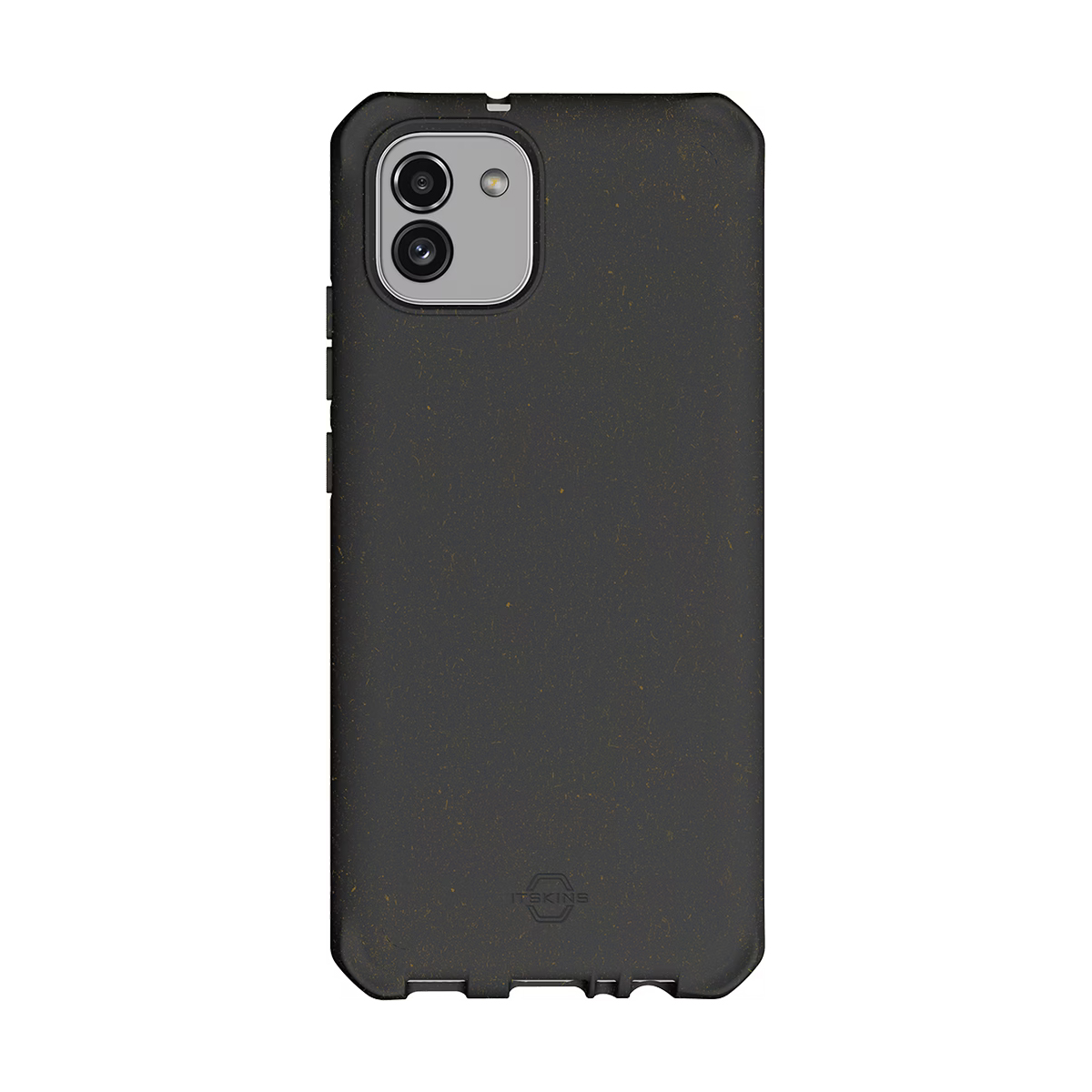 Custodia grigio scuro con due obiettivi e flash. Logo in basso.