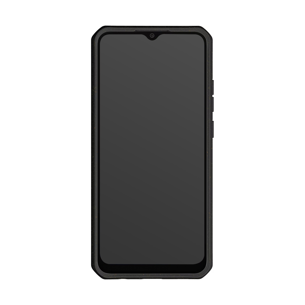 Uno smartphone nero con schermo scuro e una singola fotocamera frontale.