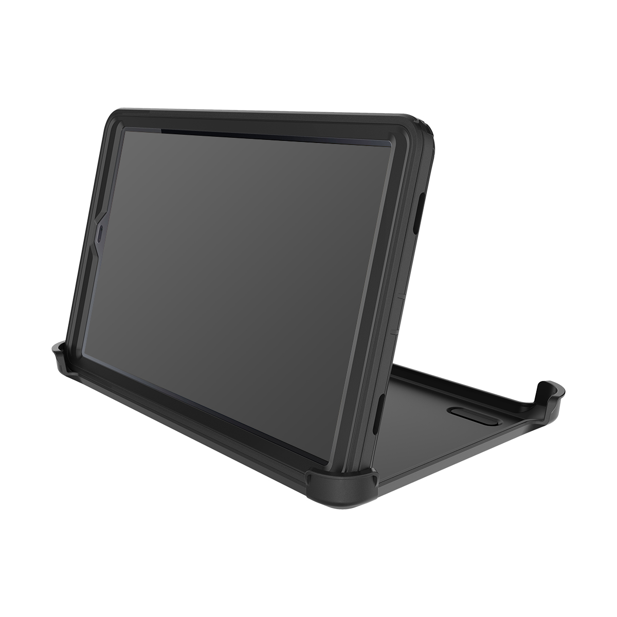 Un tablet nero in custodia protettiva, su sfondo bianco.