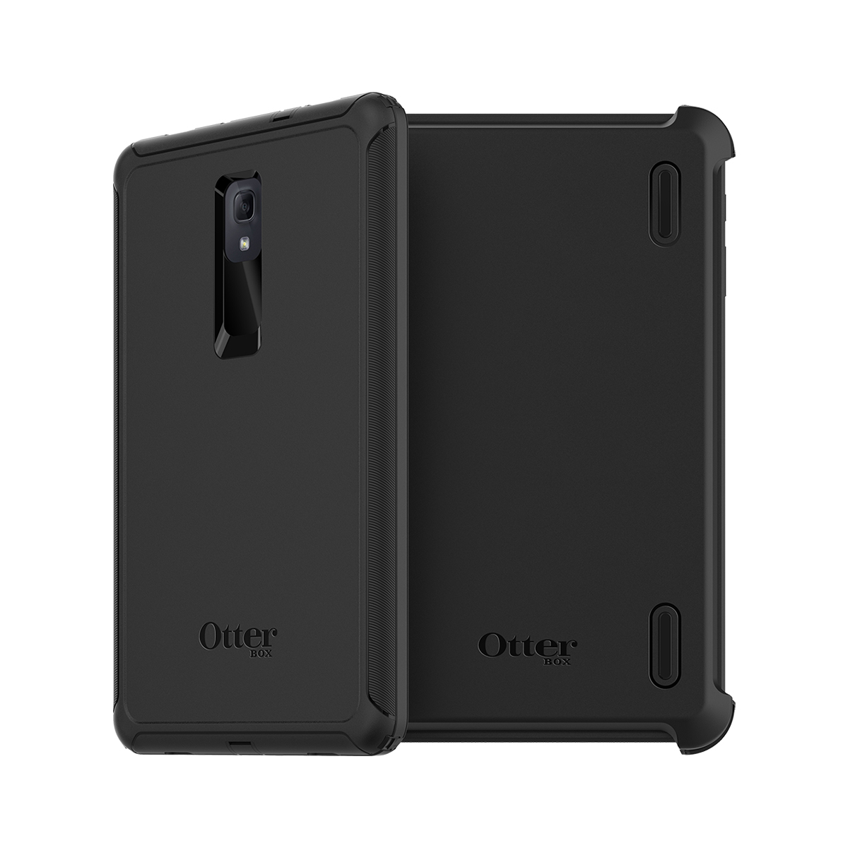 Due custodie nere OtterBox una accanto all'altra. Una mostra l'apertura della fotocamera.