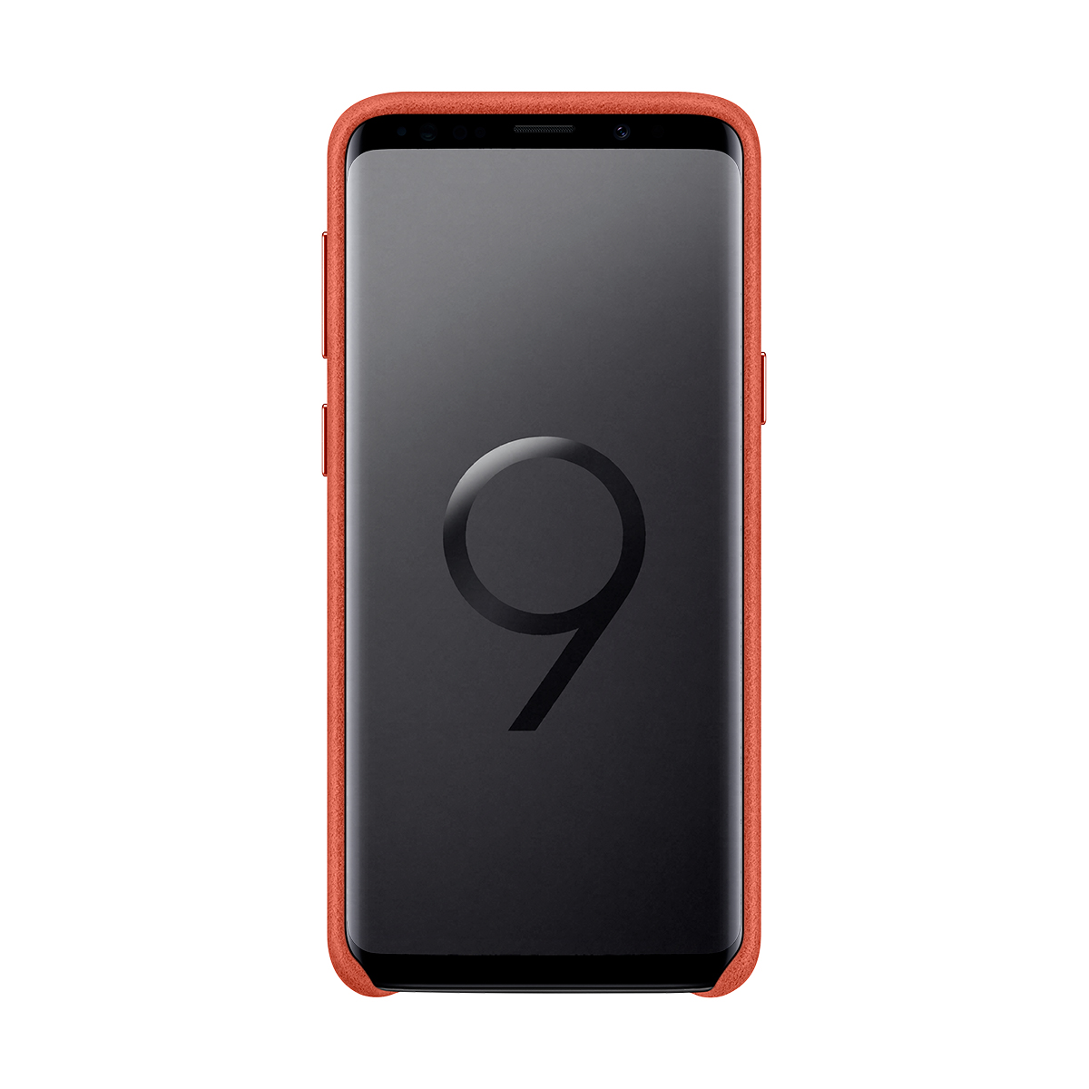 Uno smartphone con custodia arancione mostra un grande '9' sul suo schermo scuro.