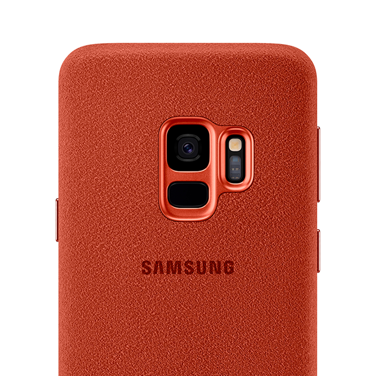Custodia rossa per telefono con fotocamera, flash e logo Samsung.