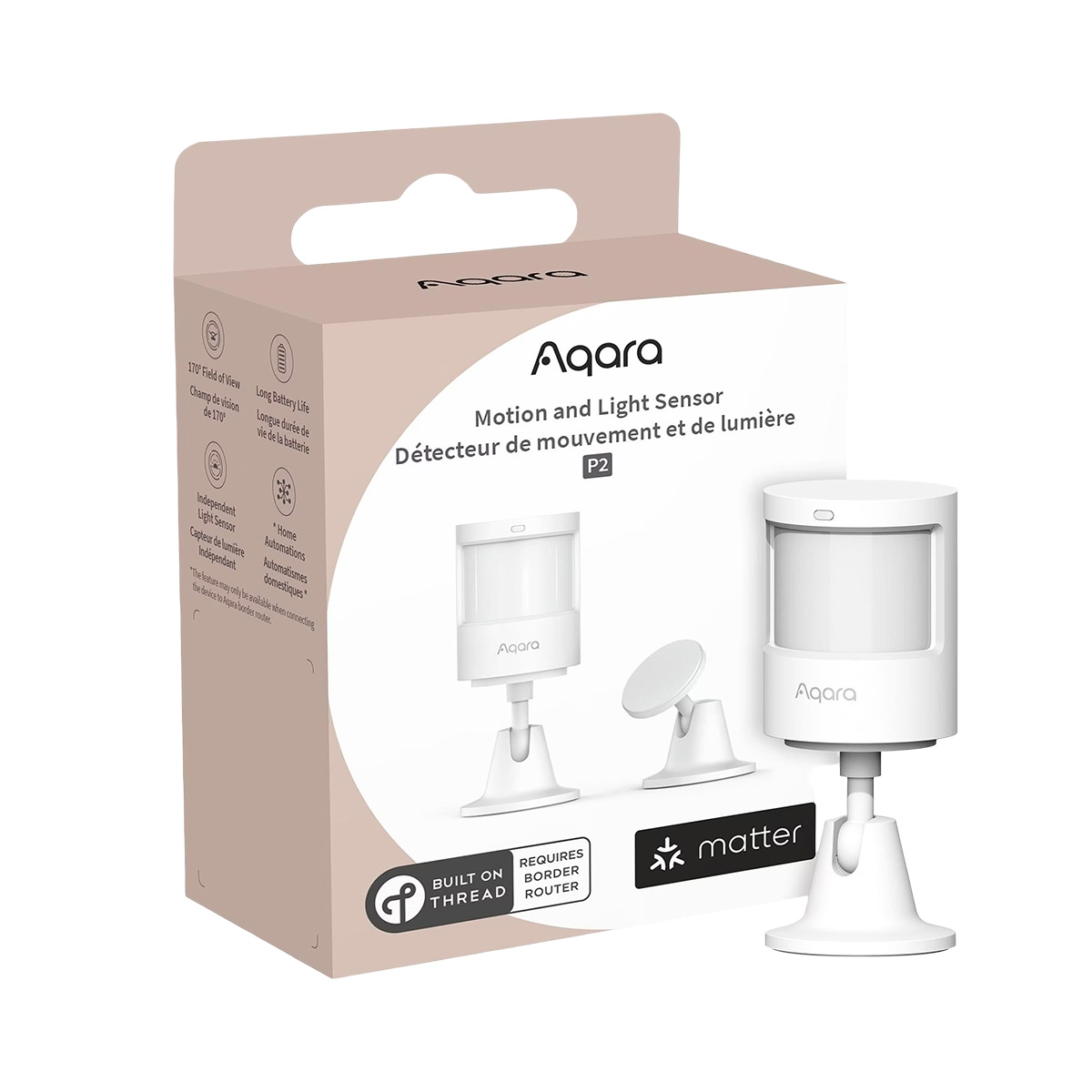 Confezione Aqara Motion and Light Sensor P2 con due sensori e supporti.