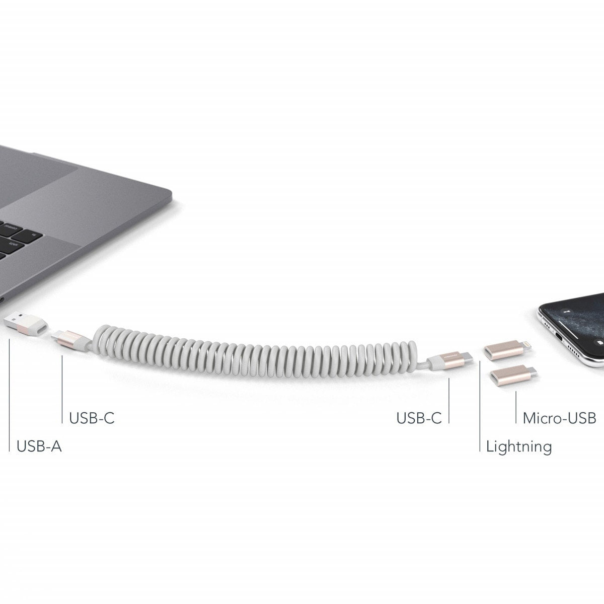 Un cavo a spirale collega un laptop a un telefono, con connettori USB-A, USB-C, Micro-USB e Lightning.