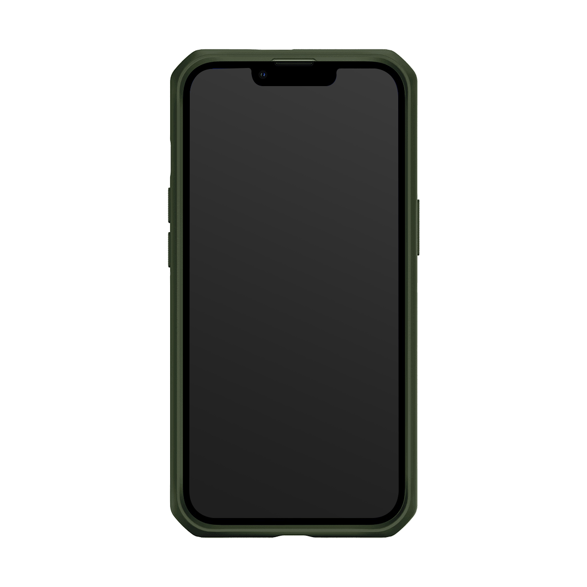 Smartphone verde scuro con schermo nero, vista frontale.