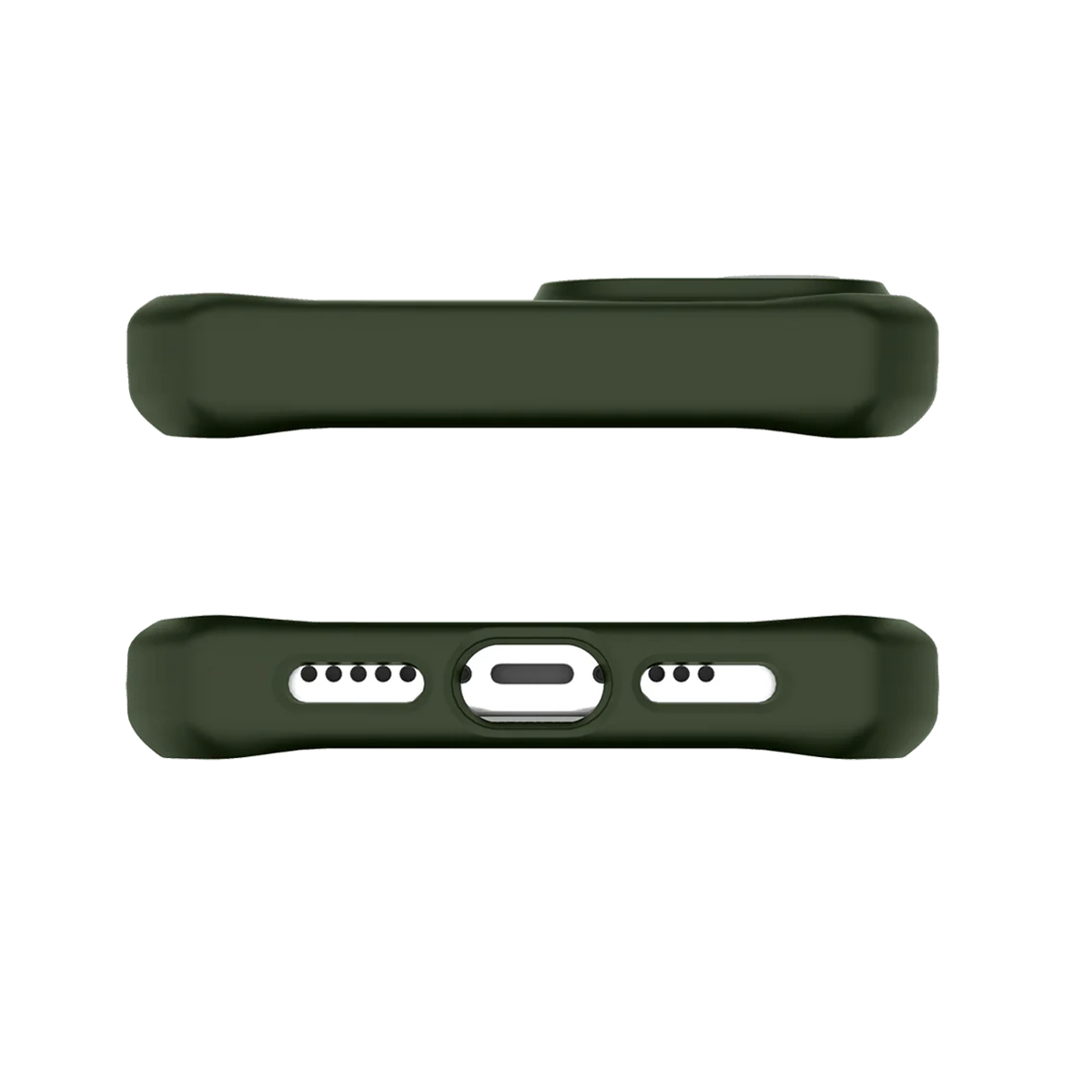 Custodia per telefono verde scuro vista di lato con ritagli per porte.