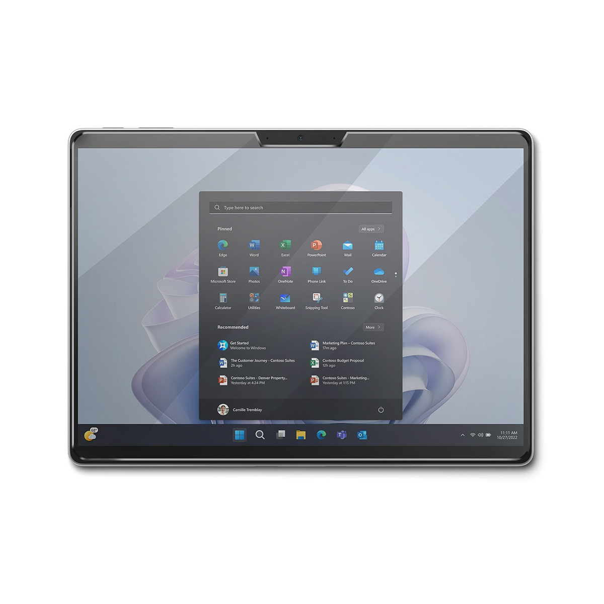 Une tablette affiche l'écran de démarrage de Windows avec le menu Démarrer ouvert et des applications épinglées.