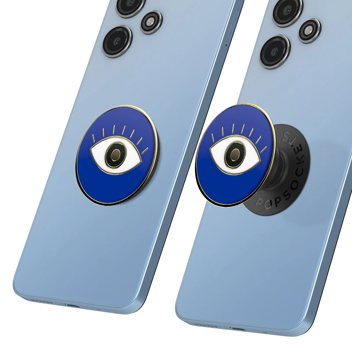 Dos teléfonos inteligentes azul claro con un adhesivo de ojo de la suerte azul.