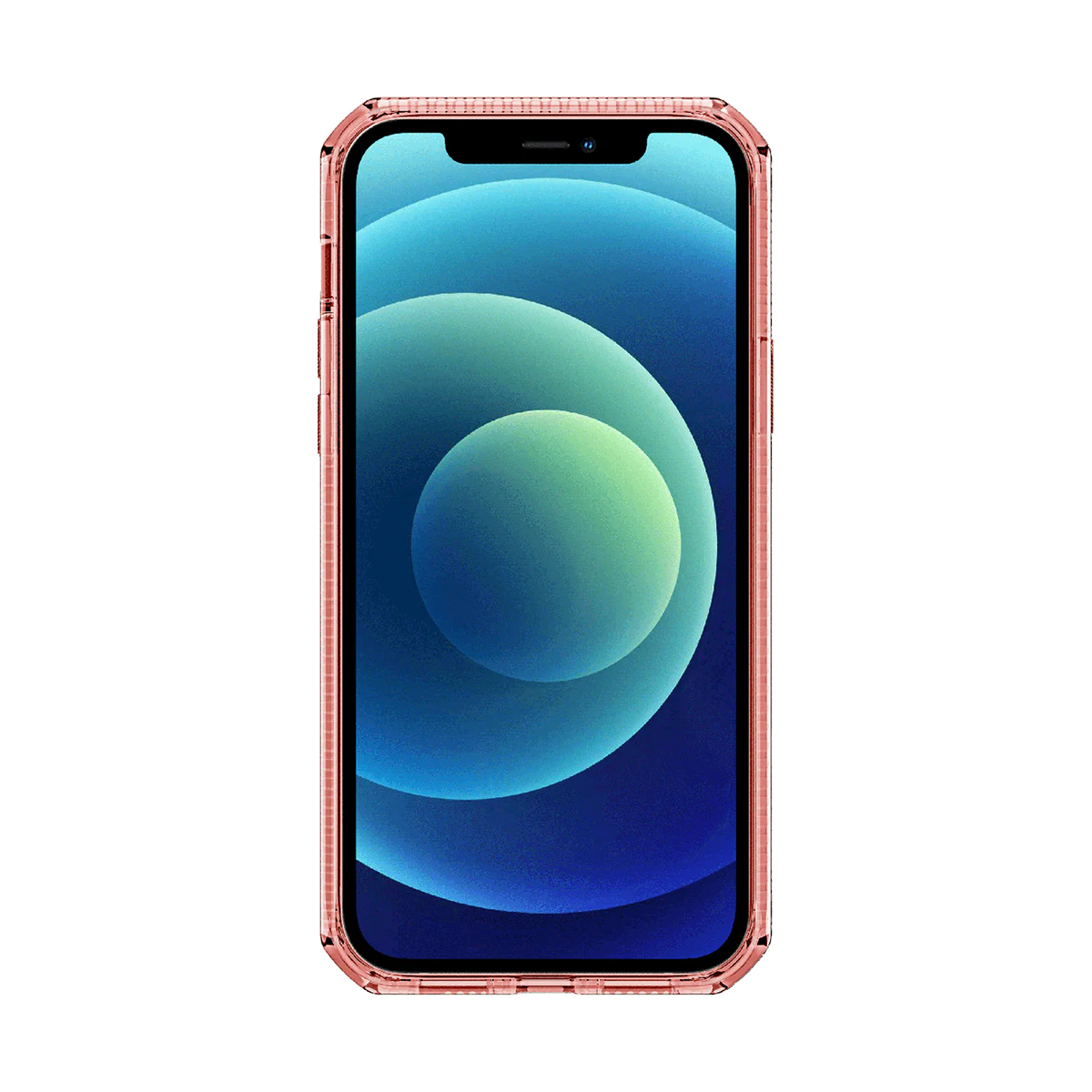 Un iPhone color oro rosa in custodia trasparente, vista frontale.