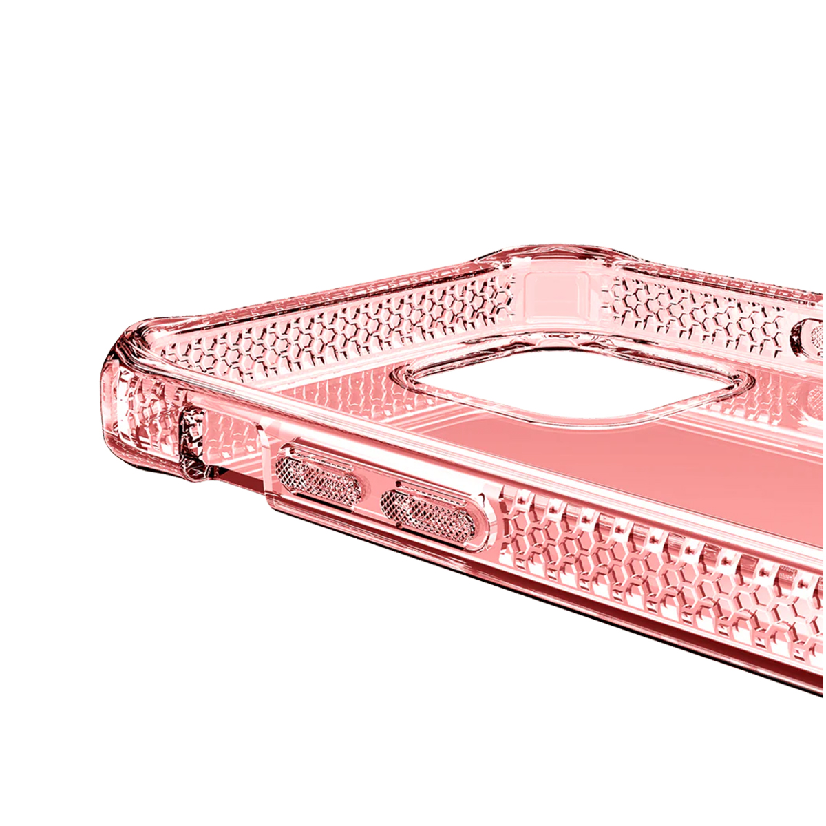 Una custodia per telefono trasparente oro rosa con trama a nido d'ape e ritagli.