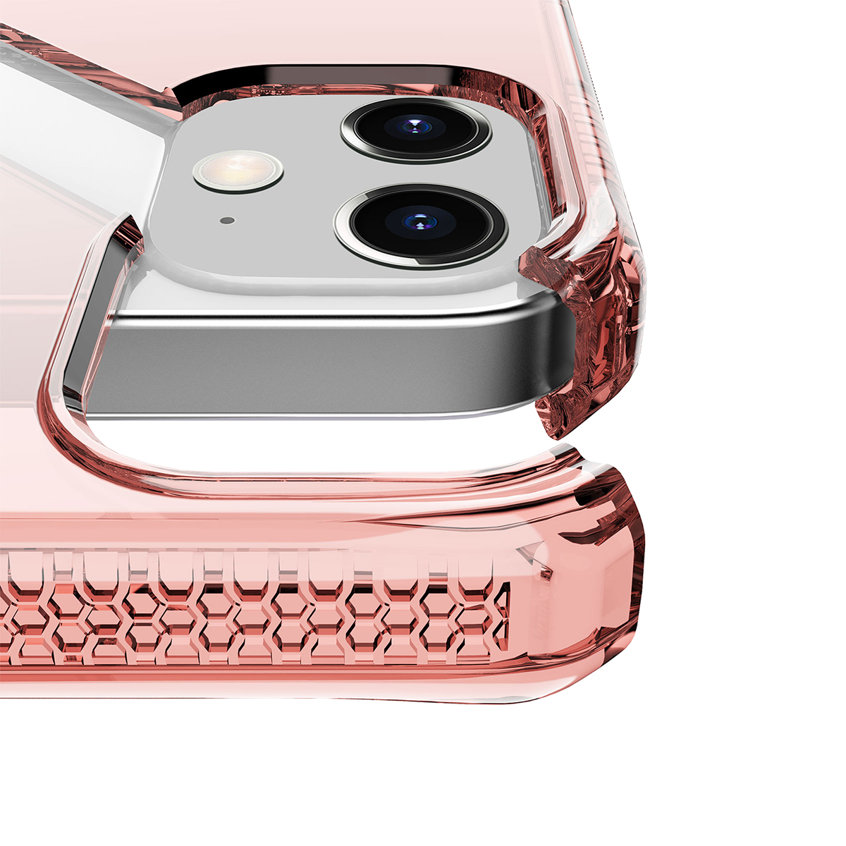 Primo piano di una cover per smartphone color oro rosa con fotocamere e motivo a nido d'ape.