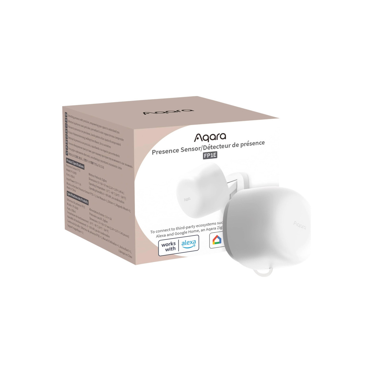 Aqara Präsenzsensor FP1E auf Verpackung. Weiß, rechteckig, mit runden Kanten.