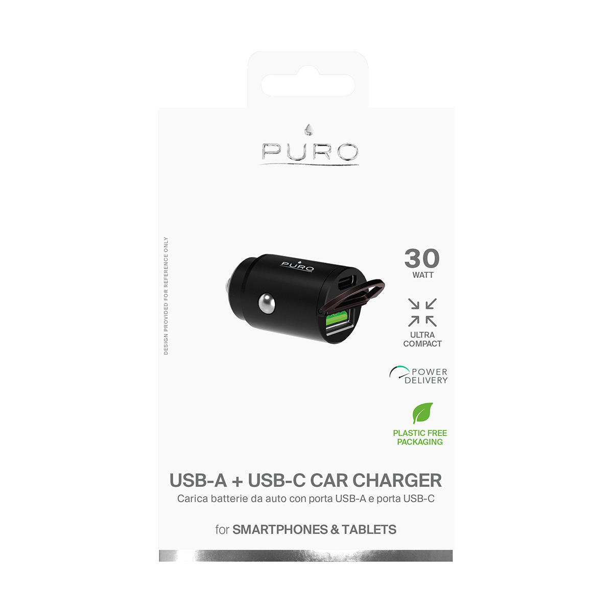 Schwarzes Puro Auto-Ladegerät mit USB-A und USB-C Anschlüssen.