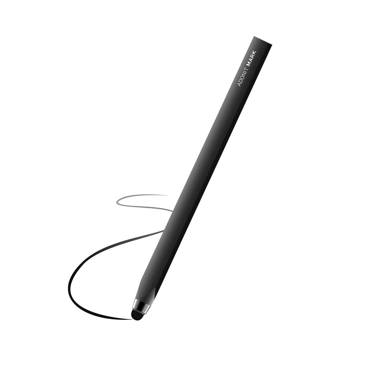 Uno stilo digitale nero con punta argentata, che disegna una linea nera su sfondo bianco.