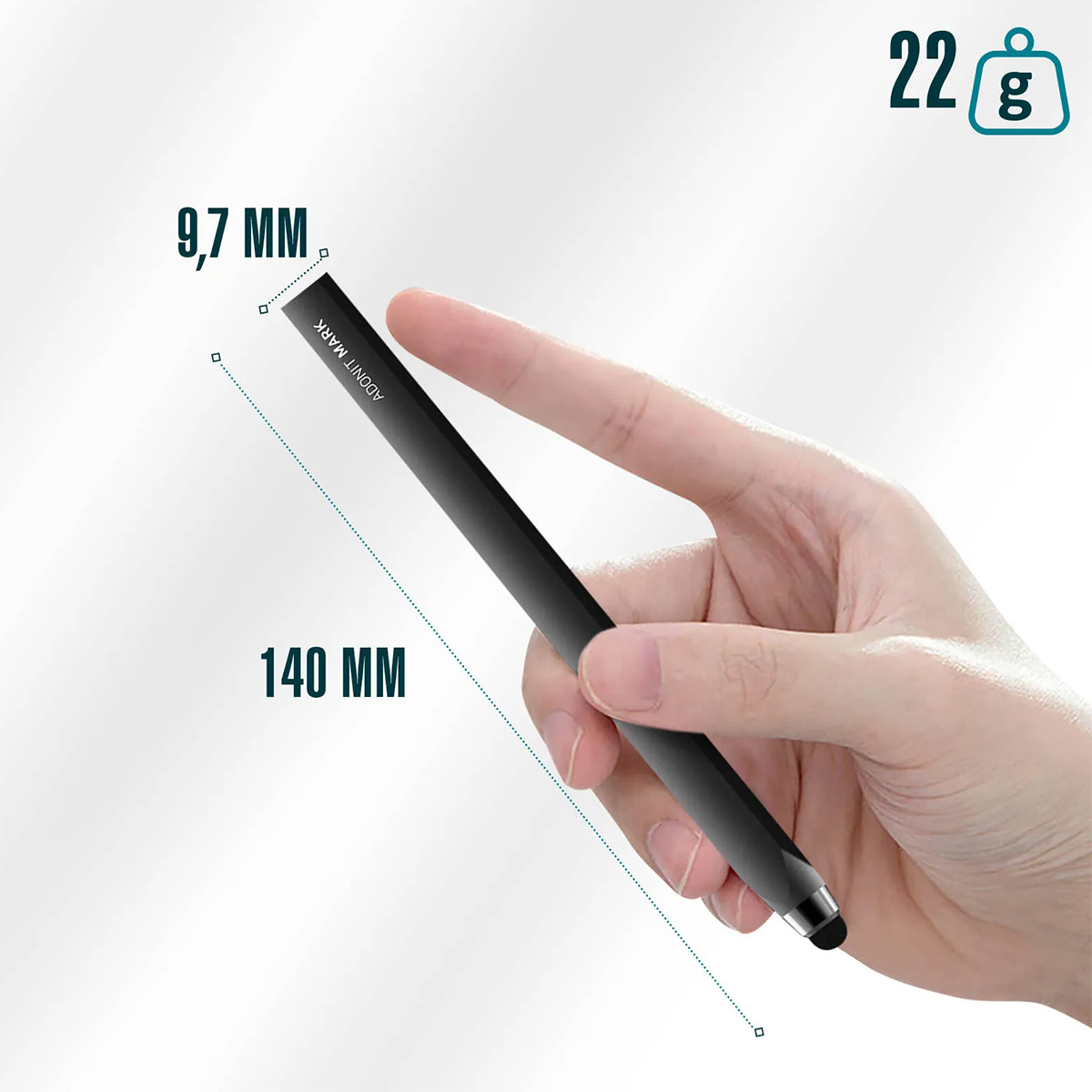 Una mano tiene uno stilo nero (lungo 140 mm, spesso 9,7 mm), 22g.