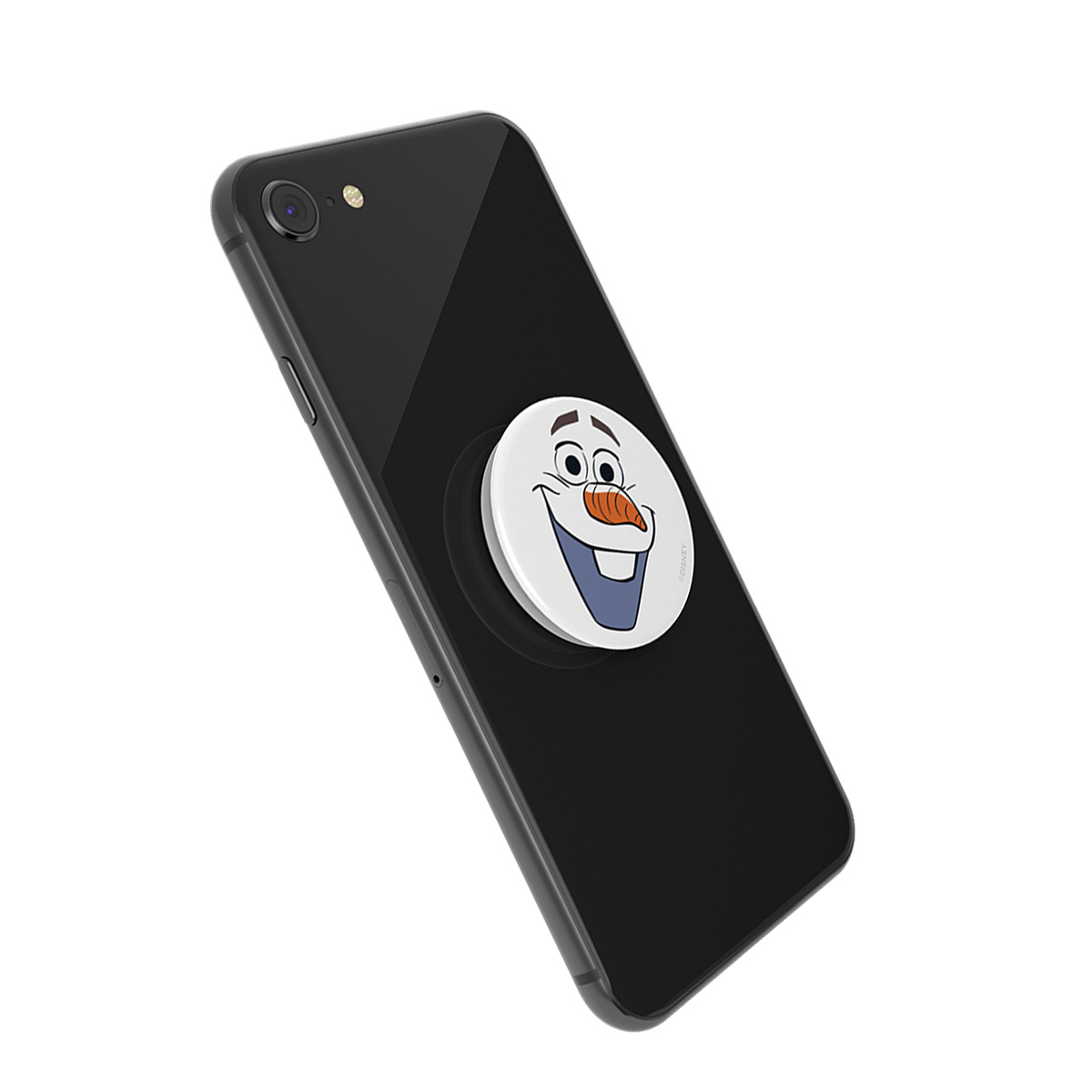Teléfono inteligente negro con un PopSocket con la cara de Olaf de Frozen.