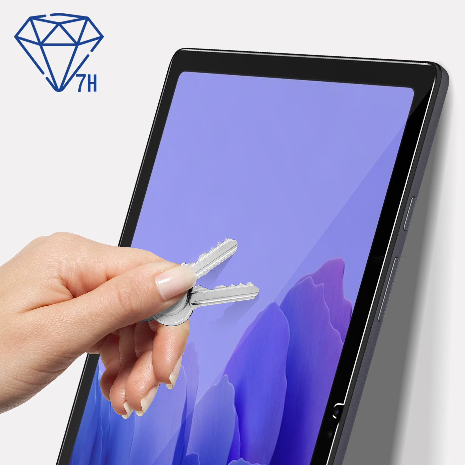 Ręka rysuje kluczami ekran tabletu, pokazując ochronę 7H.