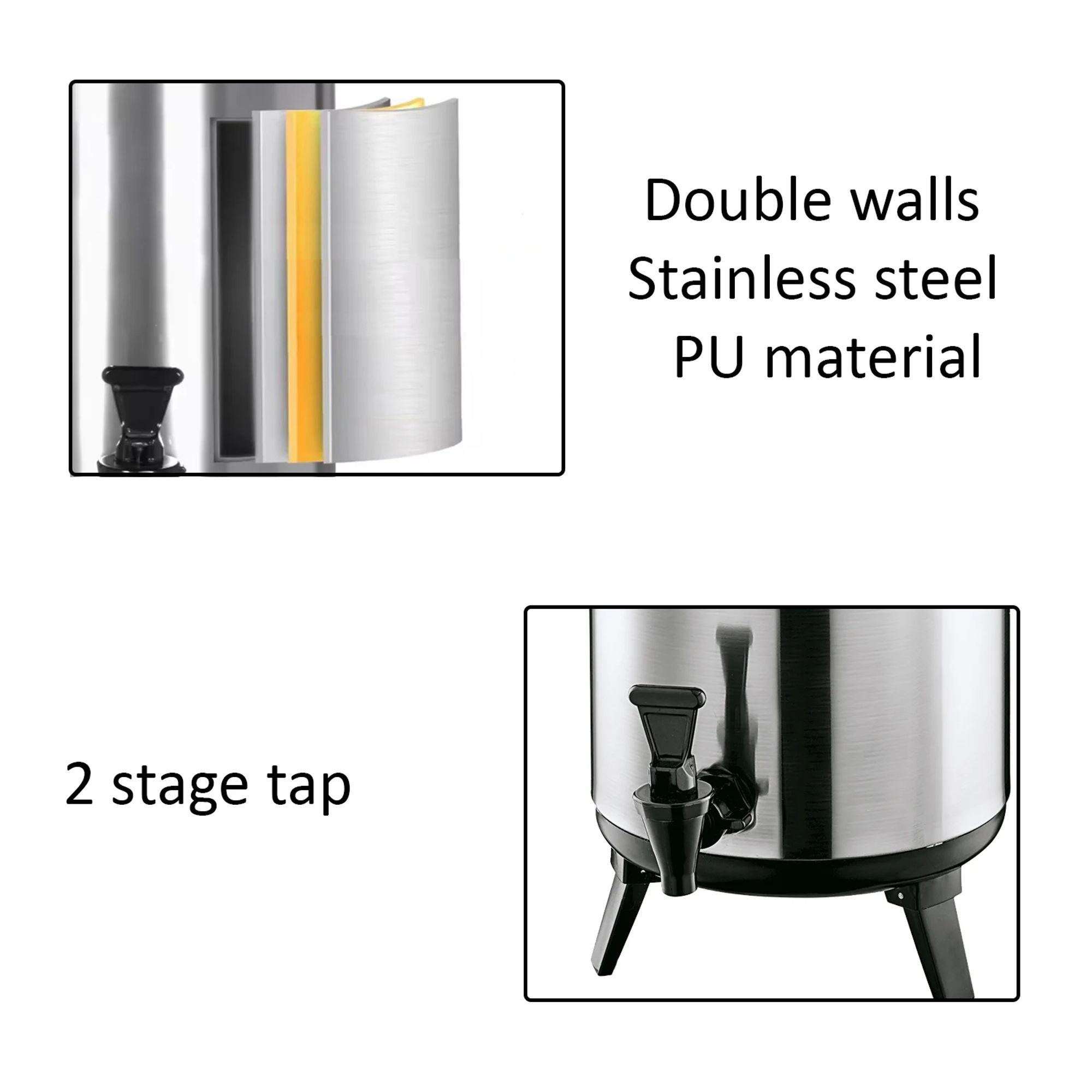 Edelstahl-Thermobehälter mit doppeltem PU-Material und 2-stufigem Hahn.