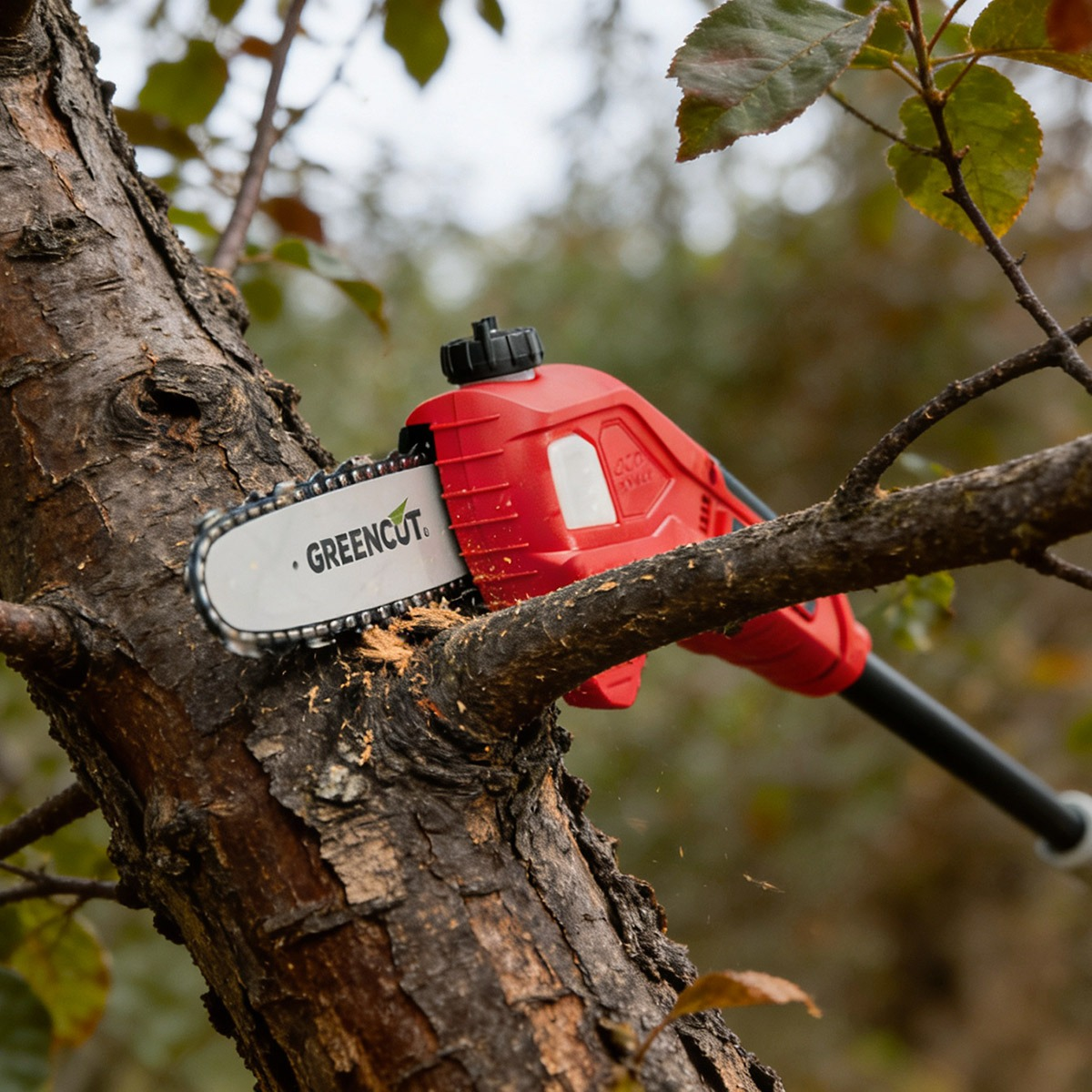 Una motosierra roja corta una rama de árbol al aire libre.