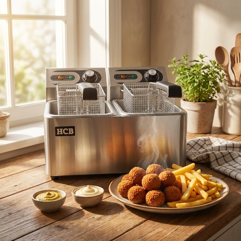 Dubbele frituurpan met kroketten, friet en dips op houten tafel.