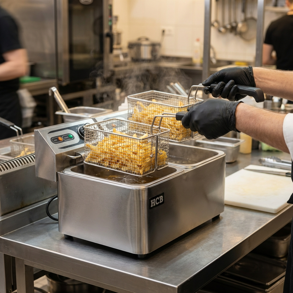 Een kok frituurt friet in twee manden in een dubbele frituurpan.