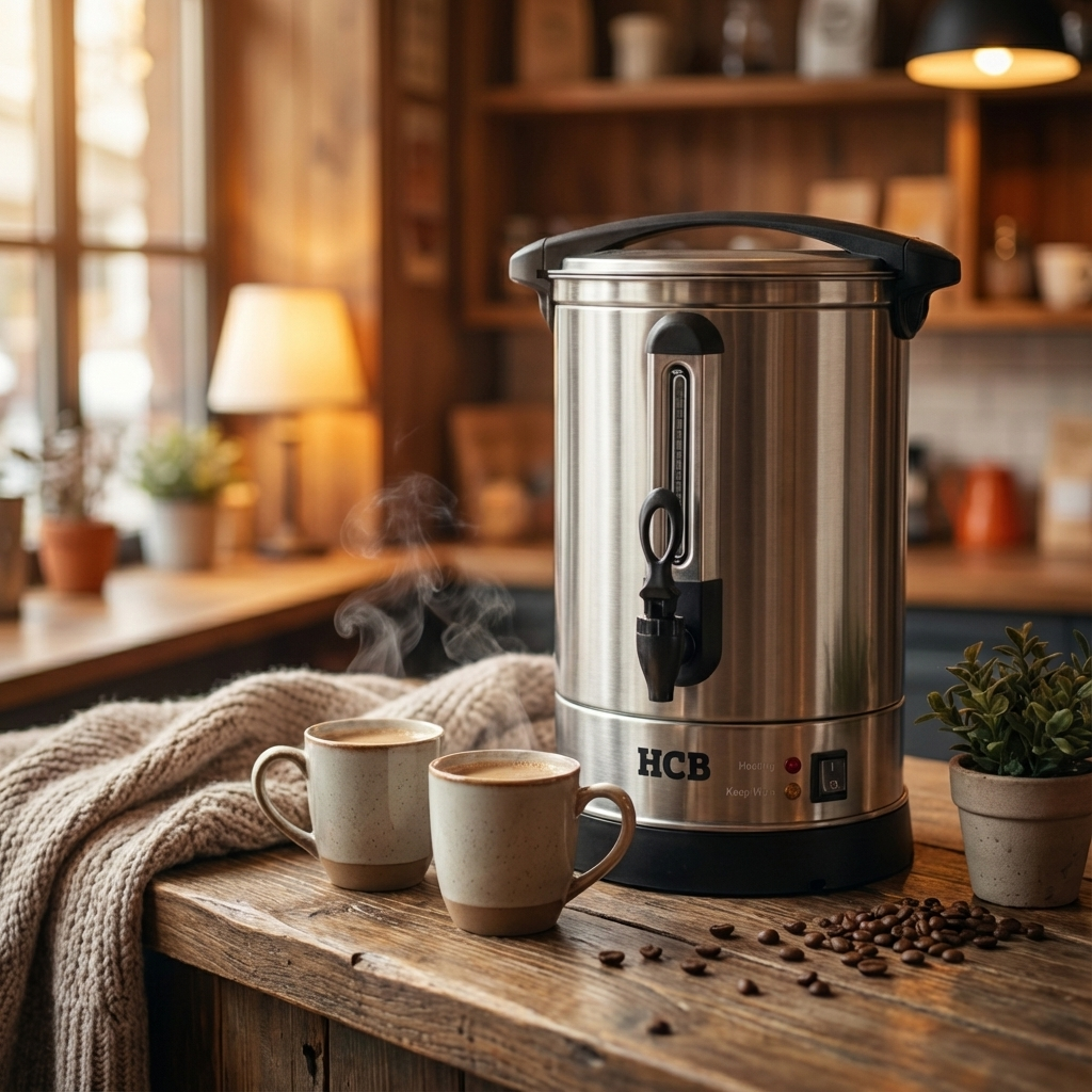 Hete koffie dampt uit twee kopjes naast een waterkoker op een houten tafel.