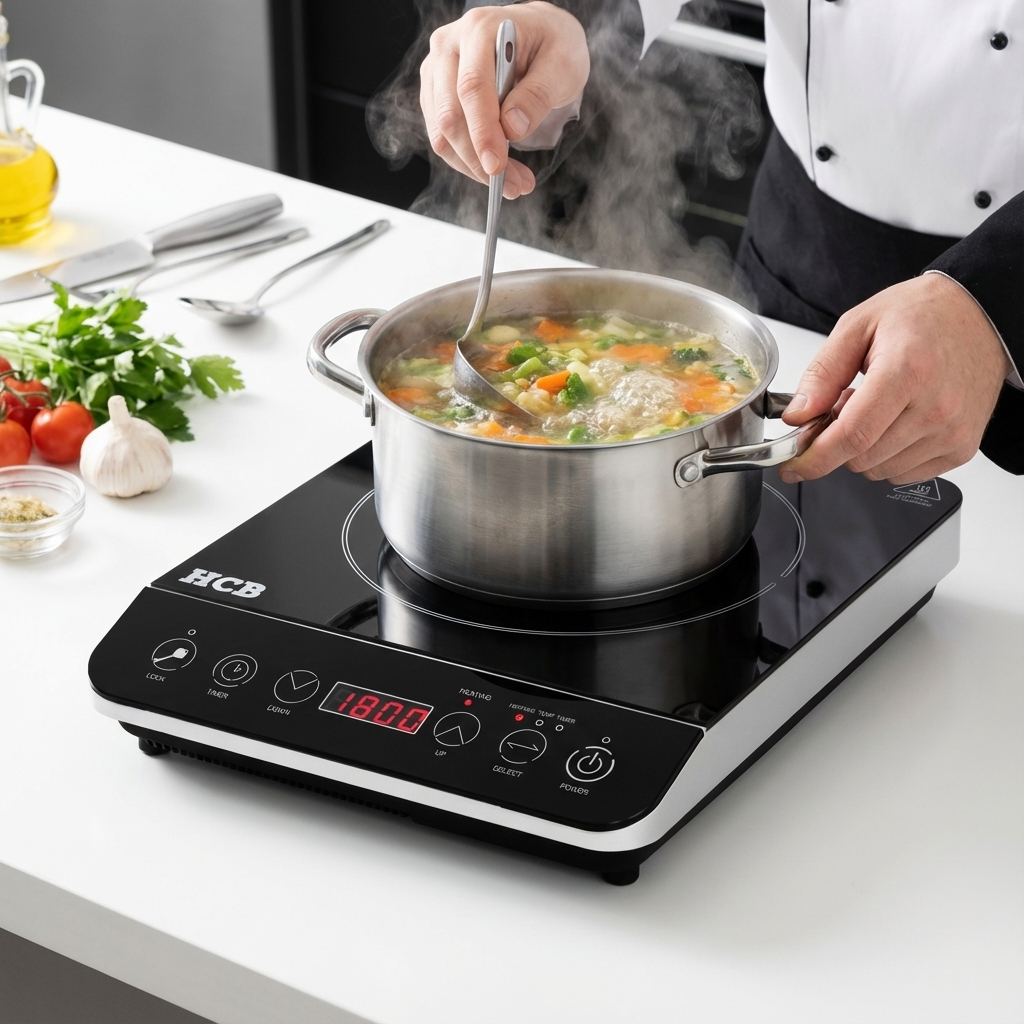 Een chef roert groentesoep in een pan op een inductiekookplaat.