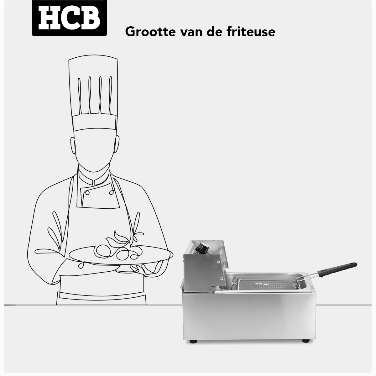 A chef with a hat and apron holds a plate of food. Next to it is a deep fryer.
