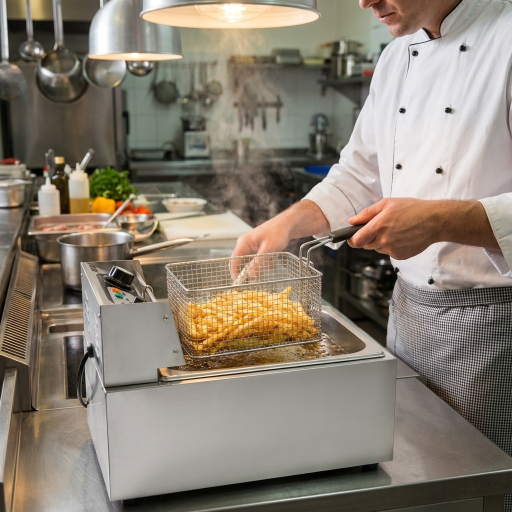 A chef fries french fries in a deep fryer in a professional kitchen.