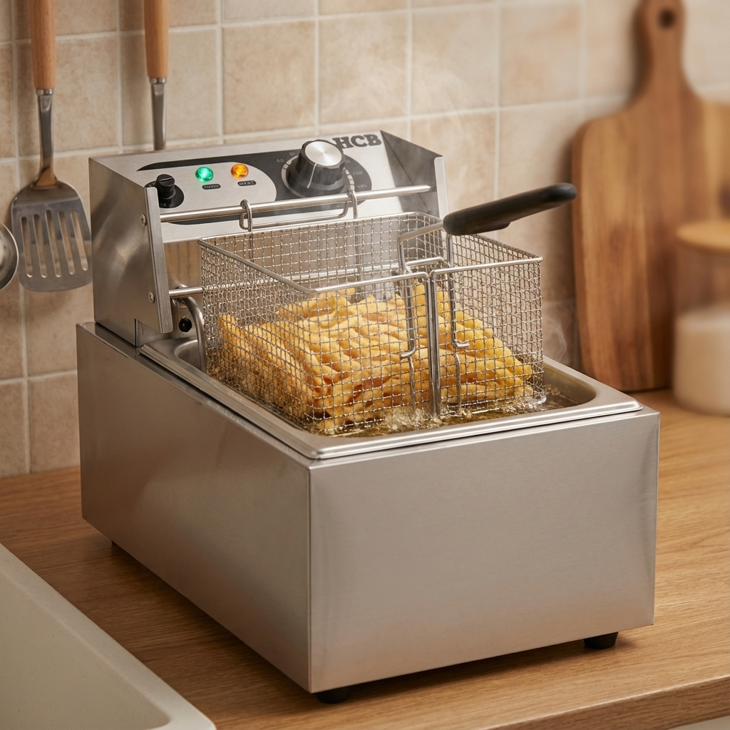 A deep fryer with a full basket of french fries cooking in oil.