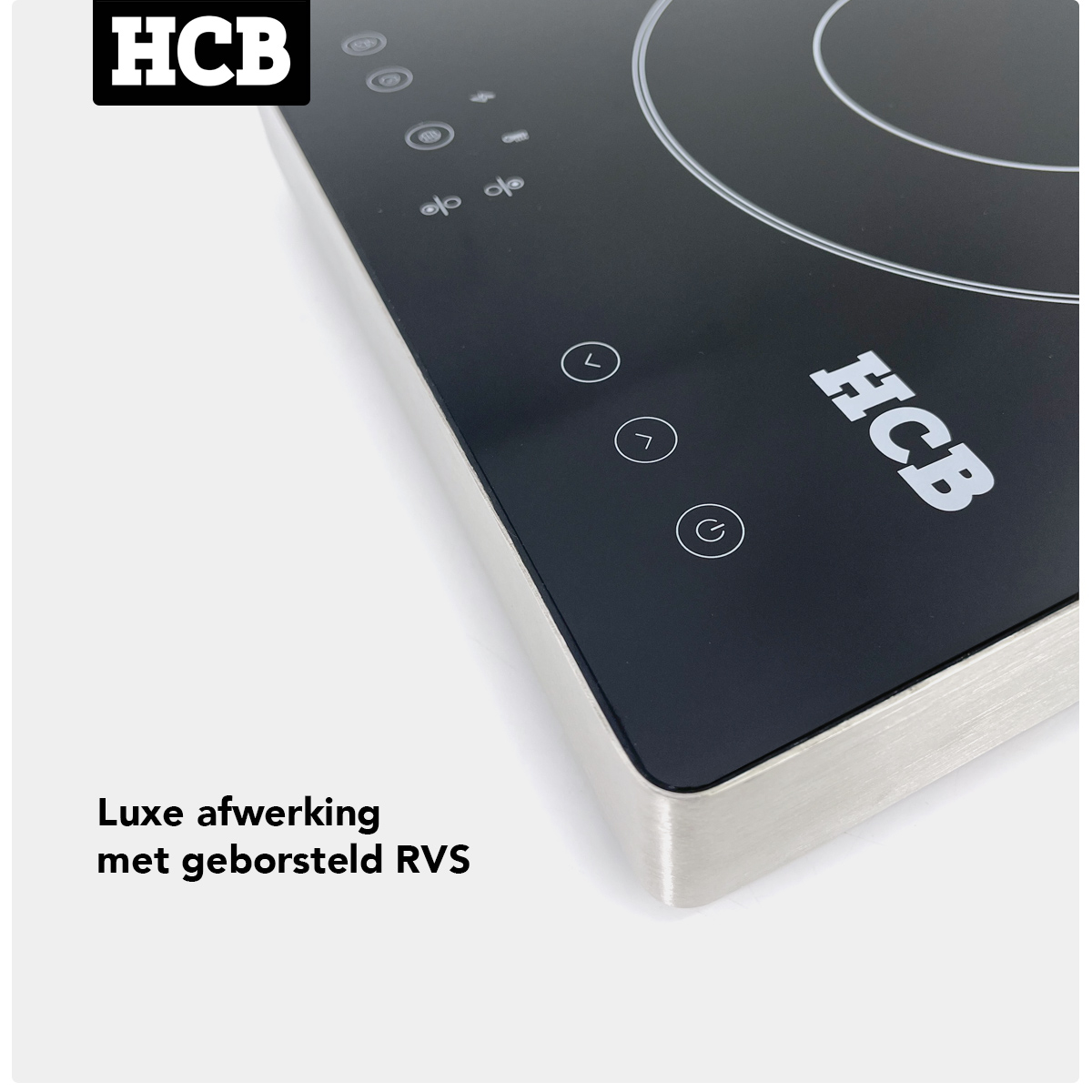 Zwarte inductiekookplaat met HCB-logo en touch-bediening.