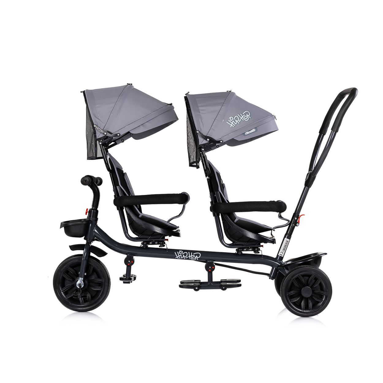 Ein dunkelgrauer Tandem-Kinderwagen mit zwei Sitzen, Verdeck und Elterngriff.