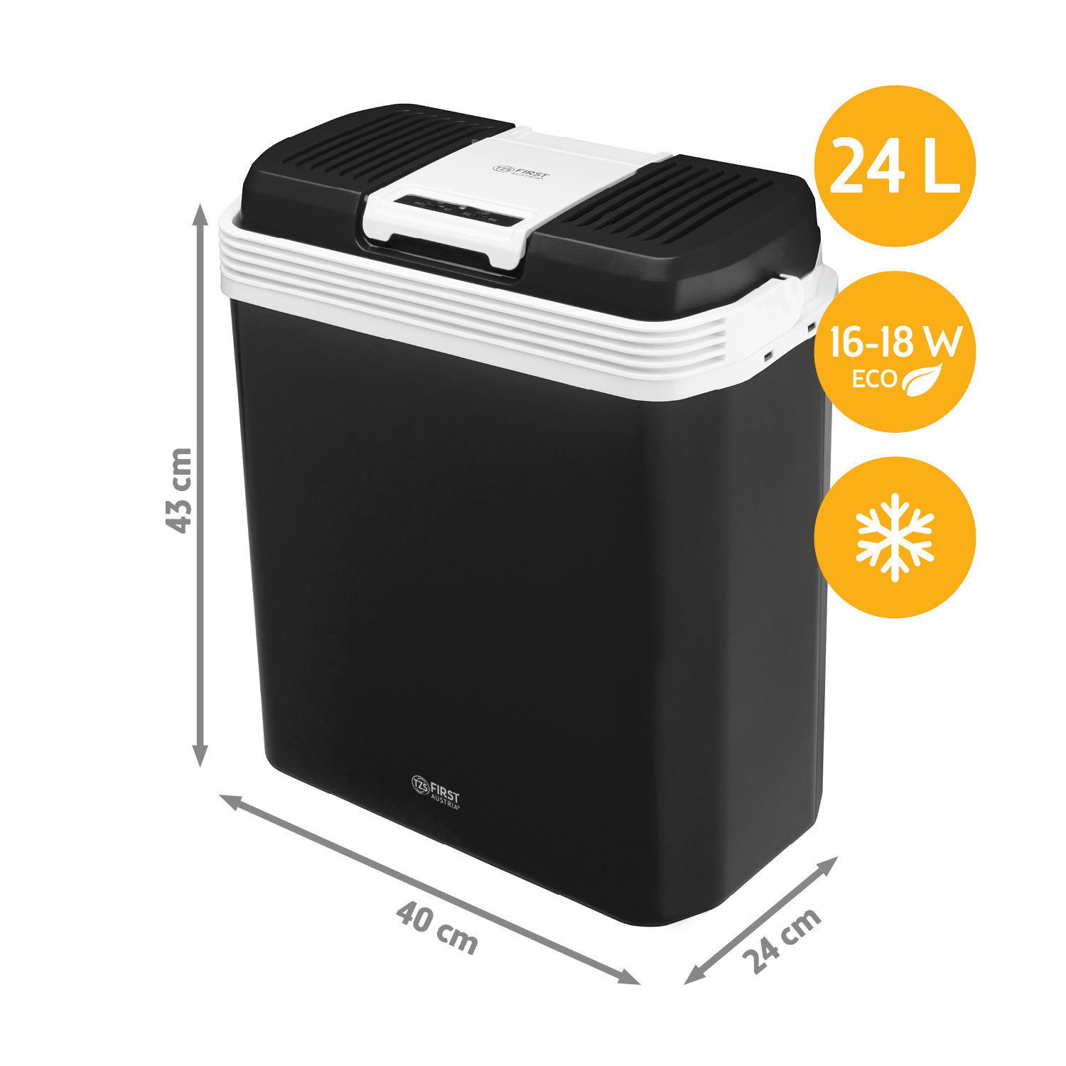 Schwarzer Kühlbox mit weißem Deckel, 24L, 43x40x24cm.