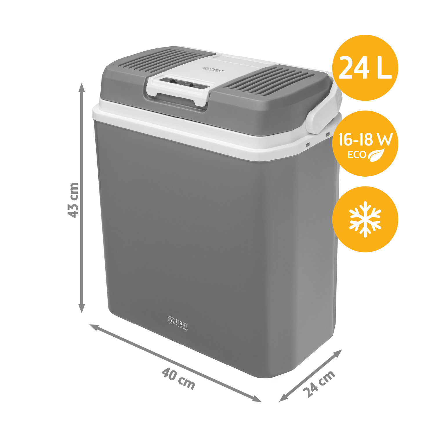 Grauer Kühlbox mit weißen Akzenten, 24L, 43x40x24cm, 16-18W ECO.