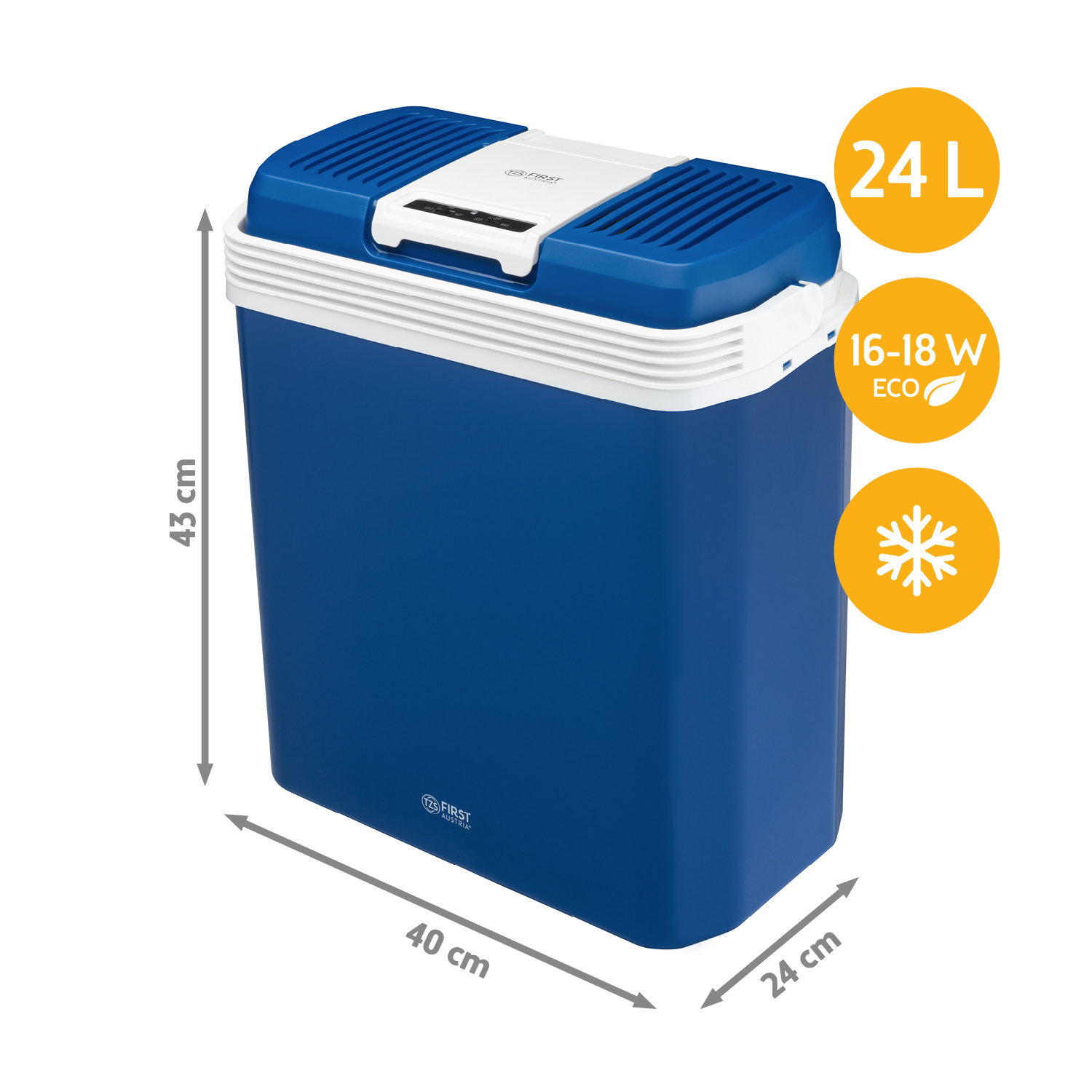 Blaue Kühlbox mit weißen Akzenten, Maße 43x40x24cm, 24L.