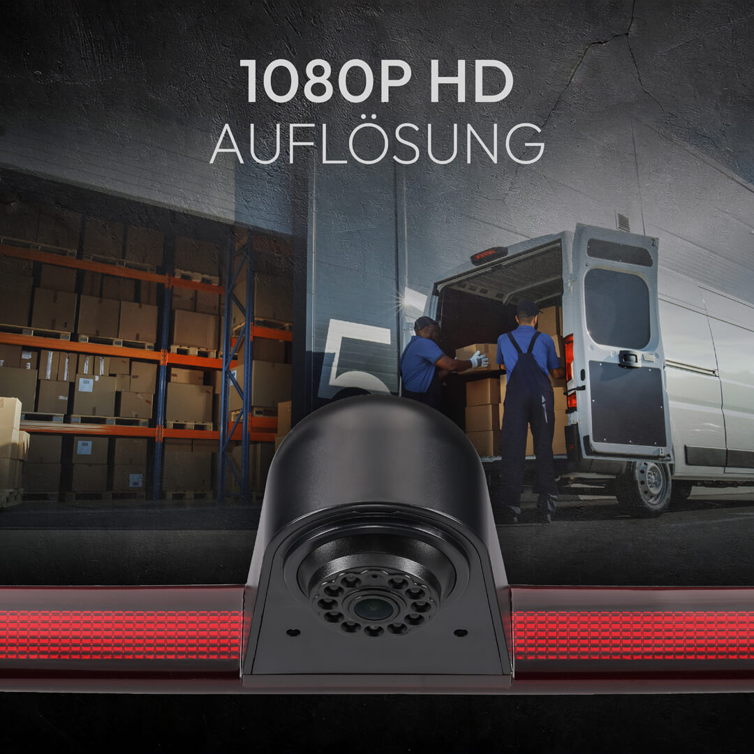 Rückfahrkamera mit 1080p HD Auflösung, lädt Kartons in weißen Lieferwagen.