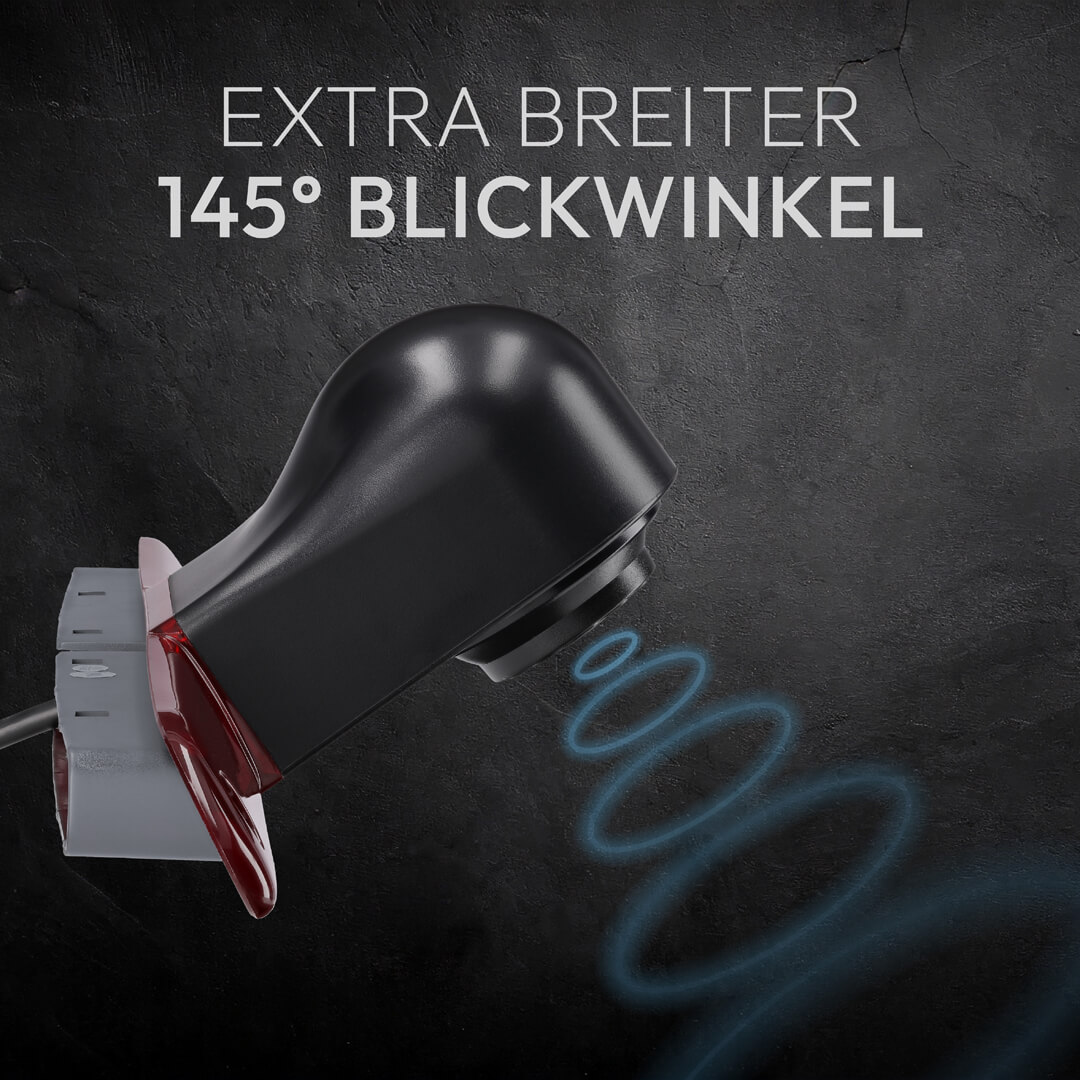 Schwarze Rückfahrkamera mit breitem 145°-Blickwinkel auf dunklem Hintergrund.